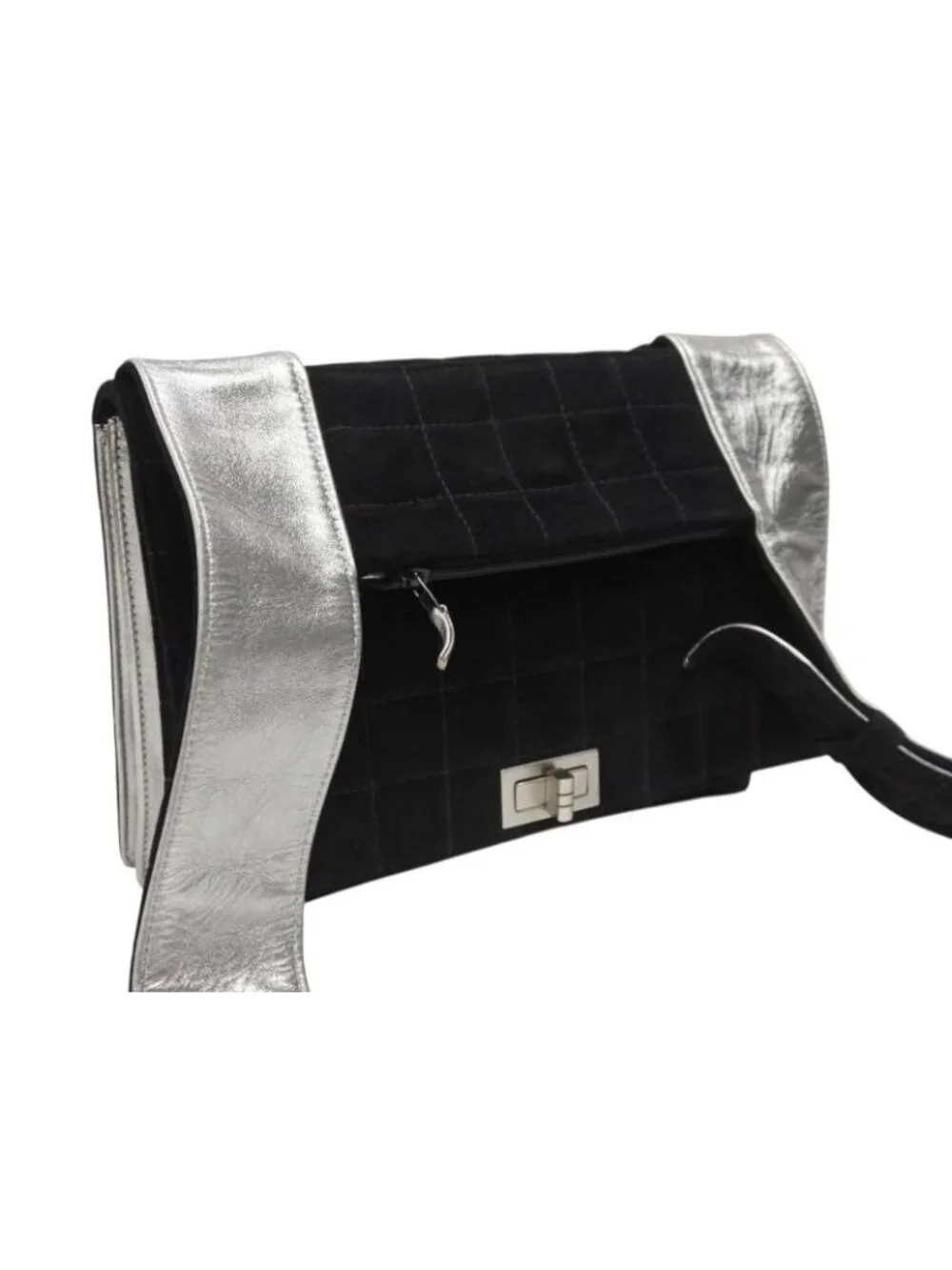 Chanel Shoulder Bag Choco Bar Turnlock Black Silver Suede